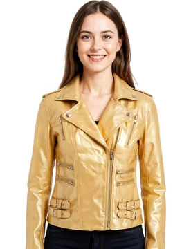 Women's Leather Teal Brando Biker Jacket-Constantia in Gold Size: 8 - Gold - Size: 8 - Infinity Leather - FashionsVida