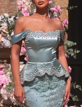 Elegante y lujoso vestido de punto elástico con encaje de lentejuelas 3D con flores, empalme, burbujas y cristales de imitación, con hombros descubi - Shein - FashionsVida
