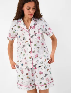 Pure Cotton Coffee Print Pyjama Set White Mix female - Accessorize - FashionsVida