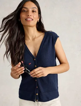 V-Neck Sleeveless Cardigan with Linen Navy female - White stuff - FashionsVida