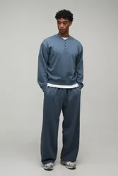 Mens Overiszed Boxy Henley Sweatshirt And Wide Leg Jogger - Grey Cotton - Size Medium