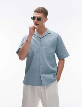 Mens Short Sleeve Relaxed Seersucker Shirt In Blue - Size X-Small - Topman - FashionsVida