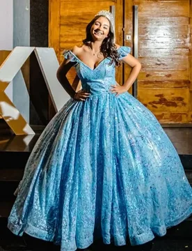 Shiny blue Quinceanera Dress Lace Tull glitter decal Long tail vestidos de 15 Quinceanera ﻿Customized - Aliexpress - FashionsVida
