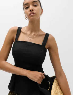 Pure Linen Square Neck Panelled Peplum Top Black female - M&S - FashionsVida