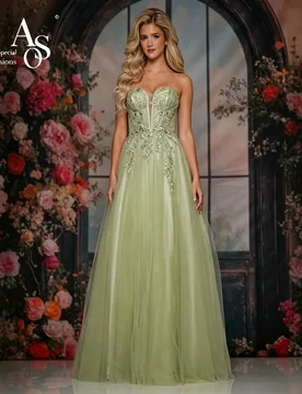 Green strapless sleeveless A-line floor-length formal evening dress with beaded fishbone embroidery - Aliexpress - FashionsVida