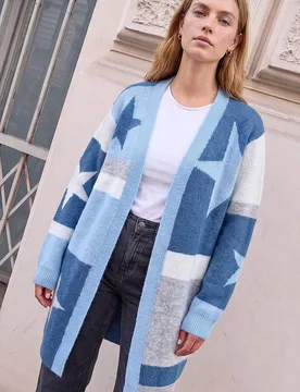 Women's Star Print Longline Stretch Cardigan Sweater in Blue Size: 14 - Blue - Size: 14 - Roman - FashionsVida