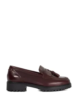 Wide Fit Leather Tassel Low Heel Loafers Burgundy female - Dune london - FashionsVida