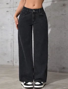 Jeans rectos relajados de unicolor con bolsillo inclinado para uso diario casual y versátil, estilo Y2K, para mujeres petite Petite S - Shein - FashionsVida