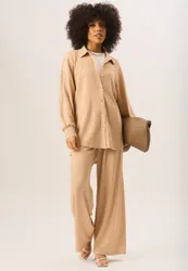 Womens Textured Oversize Fit Long Sleeves Shirt - Camel - Size Small/medium
