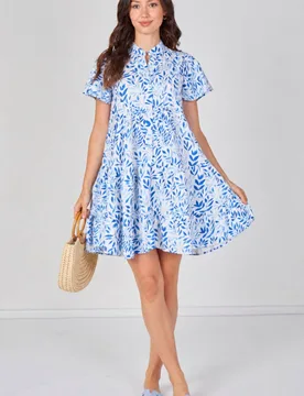 Women's Sky Blue Leaf Print Tiered Mini Dress Size: Small - Blue - Size: S - LOVE SUNSHINE - FashionsVida