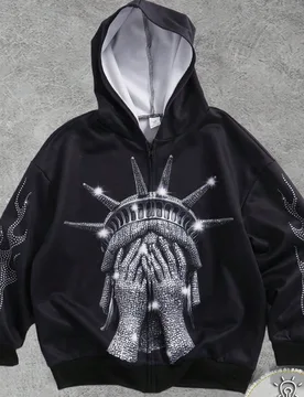 Sudadera de niño preadolescente Bolty con Estatua de la Libertad y strass, corte holgado, gruesa, de otoño, estilo streetwear, con cremallera, suave - Shein - FashionsVida