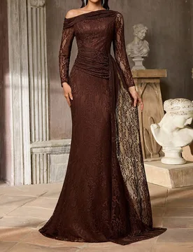 Elegante y lujoso vestido de cola de pez con mangas transparentes de encaje fruncido y volante lateral, adecuado para bodas, fiestas, vacaciones, gala - Shein - FashionsVida