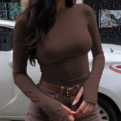 Camiseta casual de mujer de unicolor, cuello redondo, manga larga y ajustada M