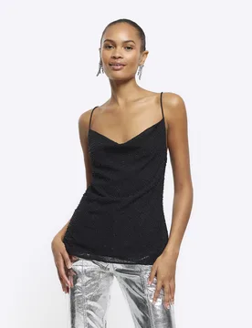 Womens Cami Top Black Chiffon Beaded - Size 6 Uk - River Island - FashionsVida