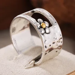 Fresh Simple Silver Plated Wide Face Women's Ring With A Notch Carving Flower Pattern Artistic Style Ring Daily Fashion Jewelry