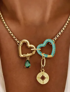 Pieza Collar de corazón dorado con cadena de diamante verde y brújula, material de acero inoxidable, estilo de lujo único, adecuado para la decorac - Shein - FashionsVida