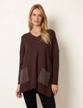 Diamante Pocket Knit Jumper - ONE / DARK CHOCOLATE - female - Blue Vanilla - FashionsVida