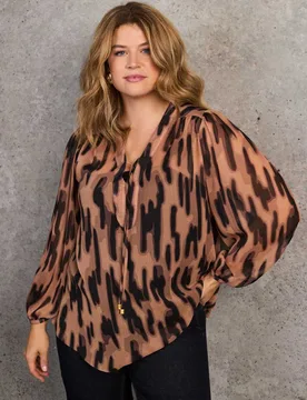Abstract Print V-Neck Blouse Brown Mix female - Live Unlimited London - FashionsVida