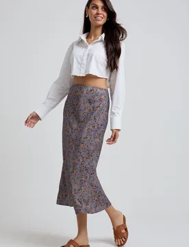 Poppy Bias Cut Aster Print Midi Skirt In Grey - 8 - Lily and Lionel London Limited - FashionsVida