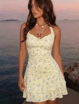 Vestido mini negro con cuello drapeado, fruncido, capas y volantes en el bajo, cuello halter S - Shein - FashionsVida
