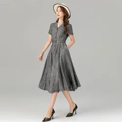Grey Mid-Length Ladies' Linen Dress 2026 New Style Swing Shirt Dress Slimming Flared Skirt Short-Sleeved Linen Dress