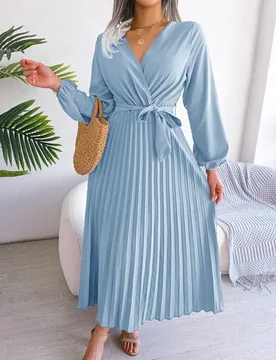 Women's Casual Elegant Pleated Dress Summer Cross V-Neck Tie-Waist Pleated Solid Color Vestidos French Loose Maxi Ropa Mujer - Aliexpress - FashionsVida