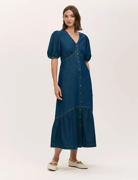 Denim Button Through Midi Tiered Dress Blue female - Finery London - FashionsVida