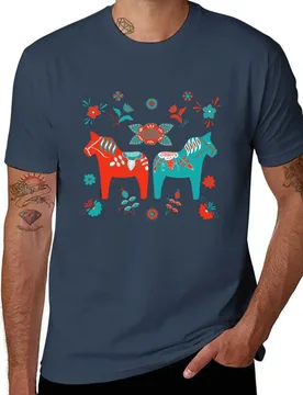 Folk Art - Swedish Dala Horses - Red Turquiose T-Shirt anime tshirt man t shirts for men cotton t shirt pack T-Shirt - Aliexpress - FashionsVida