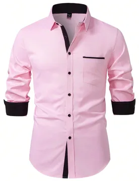 Camisa formal de manga larga con bloques de color casual para hombres, camisa rosa, camisa de vestir rosa para hombres, camisa de vestir rosa, para ot - Shein - FashionsVida