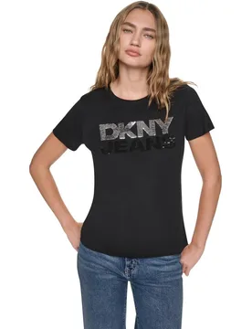 Camiseta de mujer de manga corta y cuello redondo con logotipo de lentejuelas en contraste - DKNY Jeans - FashionsVida