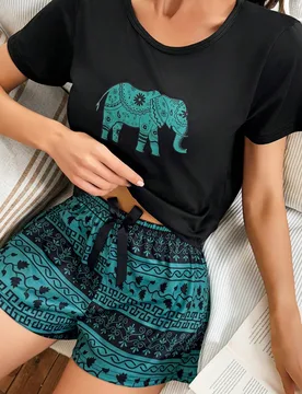 Set de pijama de 2 piezas con camiseta y pantalones cortos con estampado retro de elefante M - Shein - FashionsVida