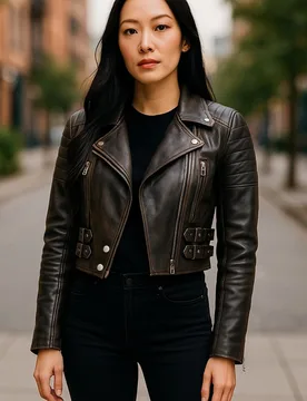 Womens Vintage Black Cropped Brando Biker Jacket-Durban - Black/brown Lamb Leather - Size 14 Uk - Infinity Leather - FashionsVida