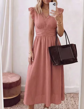 Elegante vestido largo de verano para mujer en estilo bohemio/boho/festival con volantes, cintura fruncida y unicolor. Adecuado para citas, trabajo, v - Shein - FashionsVida