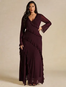 Vestido de boda elegante de manga larga color burdeos para invitada de boda de otoño talla grande, con volantes, para baile de graduación, noche, fo - Shein - FashionsVida