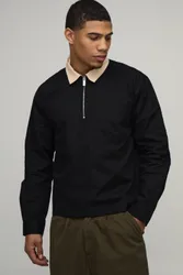 Herren Oversized Boxy Kurzarm-Shirt mit Reißverschluss und Kontrastkragen aus Popeline Black Größe Large