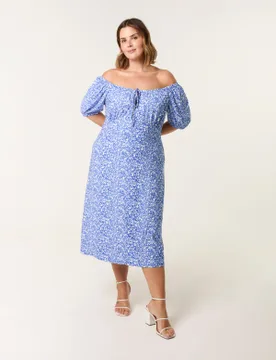 Curve Ditsy Print Milkmaid Stretch Crepe Midi Dress - 22-24 / BRIGHT BLUE - female - Blue Vanilla - FashionsVida
