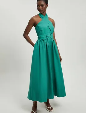 Women's Cotton Poplin Cross Over Halter Neck Woven Midi Dress in Teal Size: 6 - Teal - Size: 6 - Karen millen - FashionsVida