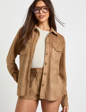 Womens Faux Suede Oversized Shirt - Mocha - Size 6 Uk - Boohoo - FashionsVida