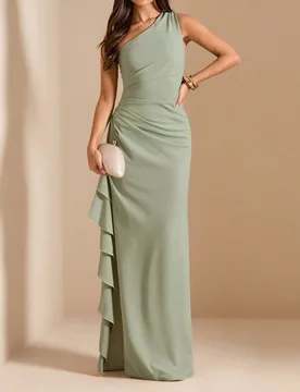 Vestido largo elegante de mujer para primavera/verano, color verde salvia pistacho sólido, de un solo hombro, con cintura plisada, abertura alta y do - Shein - FashionsVida
