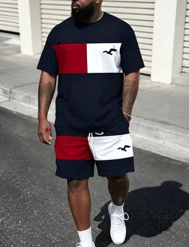 Conjunto de 2 piezas de camiseta de manga corta y pantalones cortos para hombre talla grande, color bloque azul marino, rojo y blanco con estampado de - Shein - FashionsVida