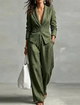 Conjunto de 2 piezas de traje falso para mujer, blazer corto con solapa y cintura anudada con pantalones de pierna ancha plisados de cintura alta, atu - Shein - FashionsVida