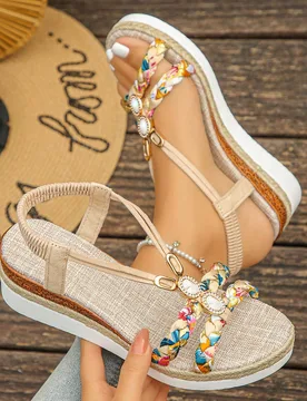 Par de sandalias planas de moda para mujer con suela gruesa, tacón de cuña, tejido retro y 3 flores para verano EUR37 - Shein - FashionsVida