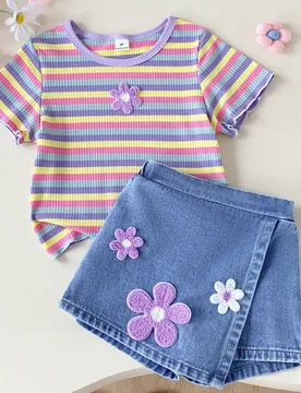 Conjunto de camiseta casual linda de cuello redondo, hombros regulares, estampado de lunares coloridos y arcoíris, y falda de mezclilla de unicolor p - Shein - FashionsVida