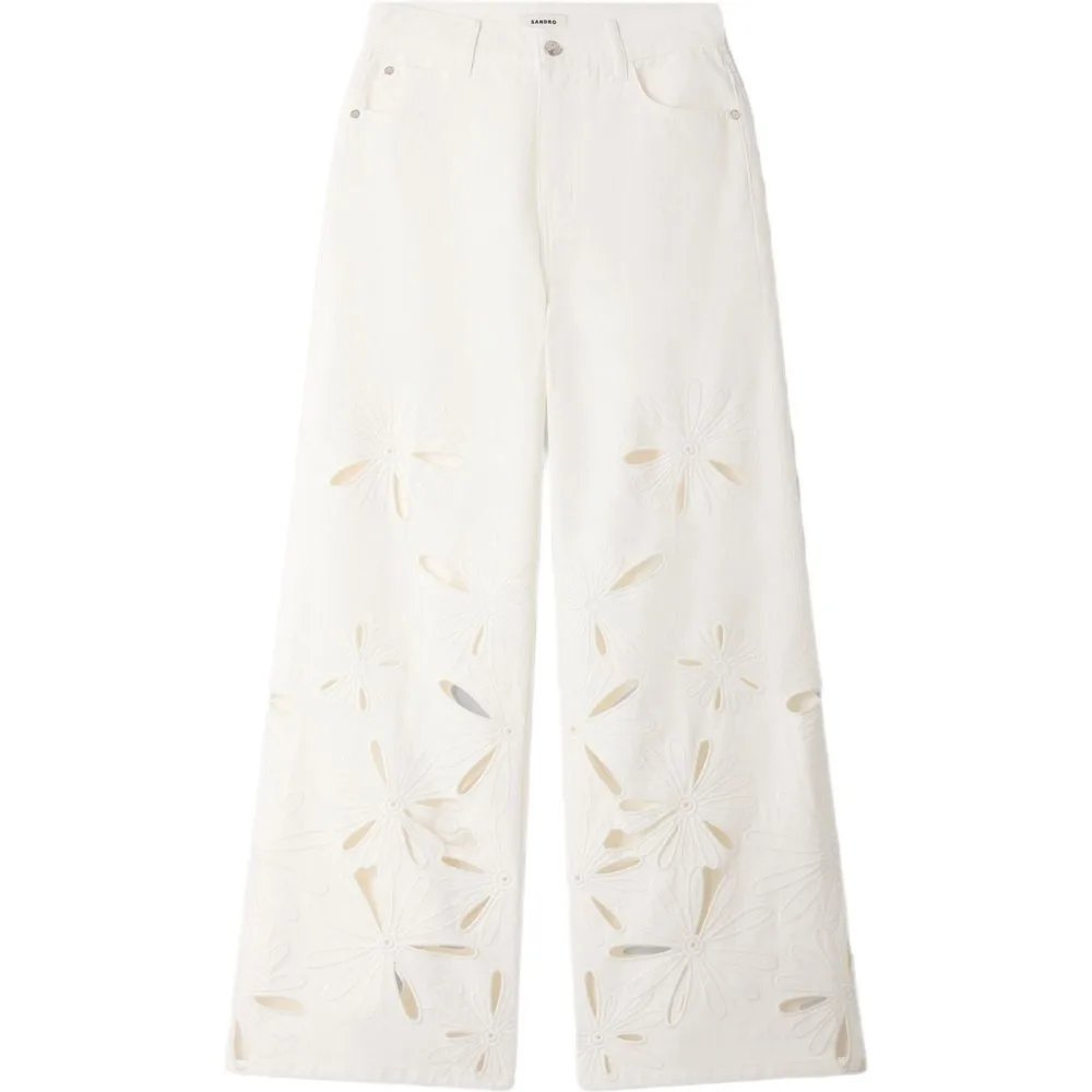 Vaquero de mujer pernera ancha talle alto bordado 100% algodón - sandro - FashionsVida