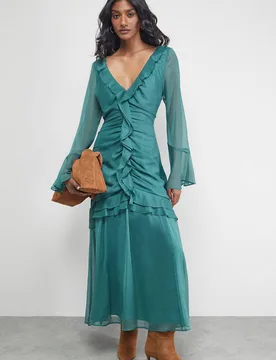 Women's Chiffon Ruffle Gathered Bodice Midi Dress in Dark Green Size: 8 - Dark Green - Size: 8 - Warehouse - FashionsVida