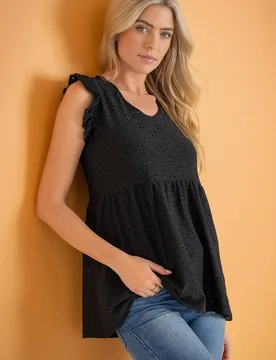 Women's Eyelet Jersey Top in Black Size: Small - Black - Size: S - Klass. - FashionsVida