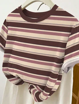 Camiseta de mujer de manga corta a rayas verdes vintage, top casual de cuello redondo para el verano S - Shein - FashionsVida