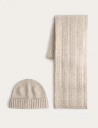Pure Merino Wool Cable Knit Oversized Scarf & Hat Set Natural Mix male