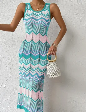 Vestido de punto sin mangas a rayas de bloques de color para vacaciones en la playa XS - Shein - FashionsVida