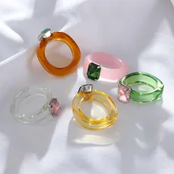 Fashion Jewelry Trendy Rhinestone Irregular Women Acrylic Geometric Finger Ring Resin Rings Transparent